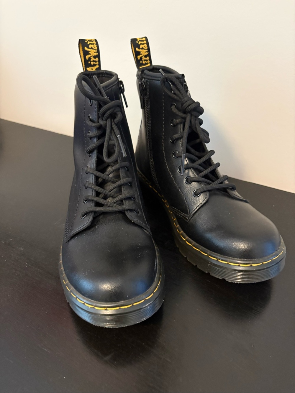 Black Leather Combat Boots with Yellow Stitching - Mens size 4